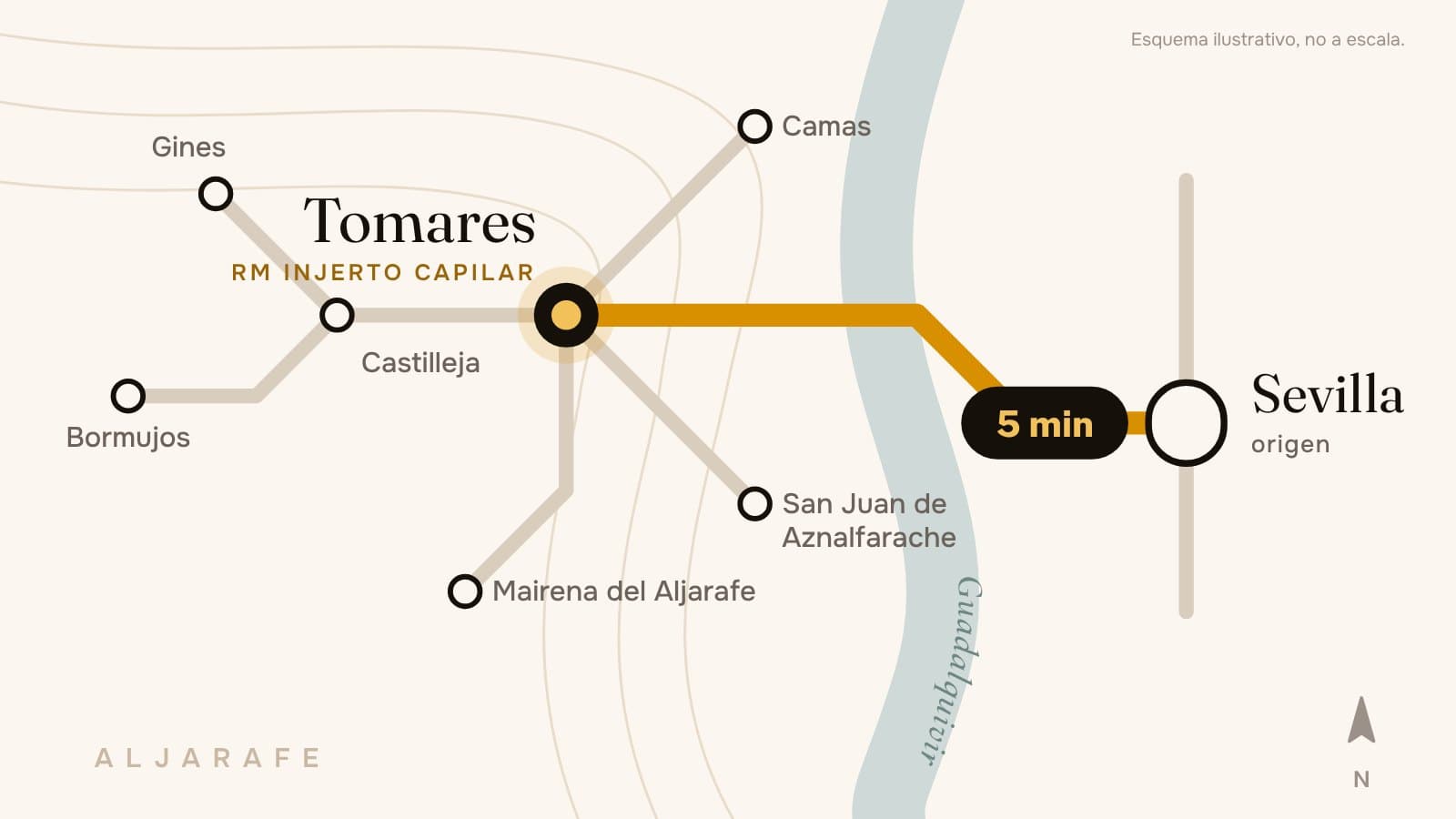 Esquema de Tomares y Sevilla: la clínica de RM está a cinco minutos